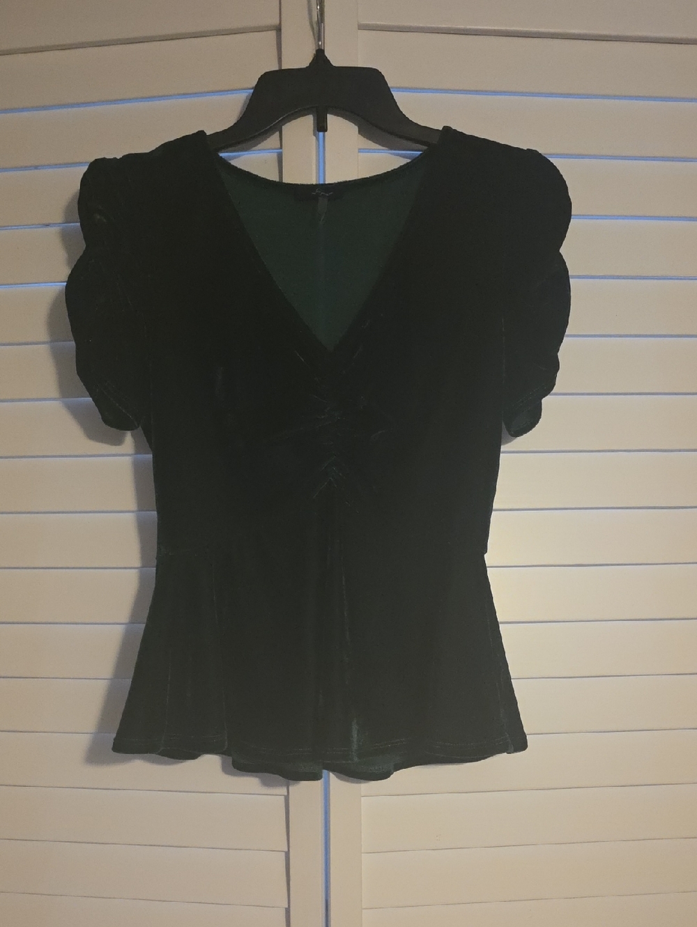 Soprano Forest Green Velvet Ruched V-Neck Blouse